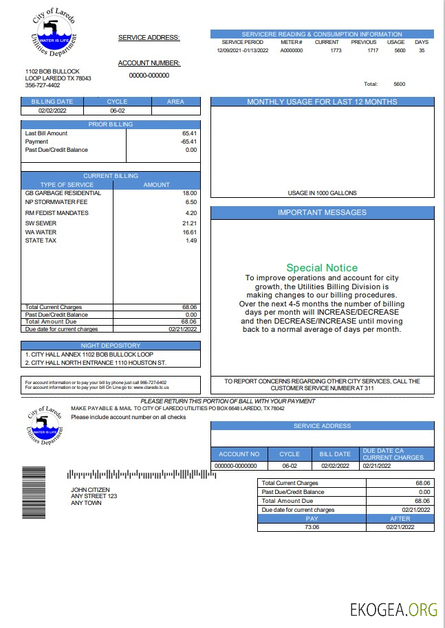 USA Texas City of Laredo Utilities Department water utility bill template in Word and PDF format